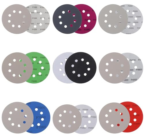 80Pcs 5 inch 8 Hole Sanding Discs, Hook and Loop Sandpaper 1500/2000/2500/3000/4000/5000/7000/10000 Grits Wet Dry Sandpaper with 2Pcs Interface Pads for Orbital Sander Car Wood Metal Plastic Polishing