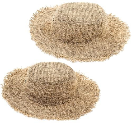 Chicingyou 2 Pack Hemp Straw Farmer Hat Halloween Scarecrow Costume Hat Wired Wide Brim with Frayed Edges for Men Women Hippie(Classic)