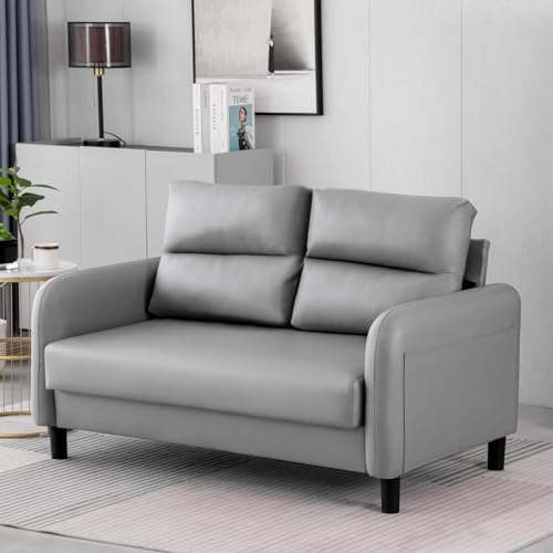 Sofa 2 Sitzer, Modernes Kleine Couch 2 Sitzer Schlaffunktion mit Armlehne und Seitentasche,Bequeme Couch mit Wurfkissen, Kleine Couch für Wohnzimmer, Schlafzimmer, Büro, Wohnung,140 x 81 x 90cm Grau