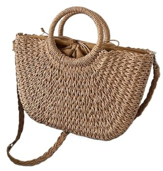 YANSHUYU Bolso Mimbre Mujer Bolsos de Paja Tejidos a Mano, Bolso de Playa for Viajes Capazo Playa(Bigkhaki)