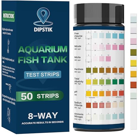 Aquarium Ammonia Test Strips, 8-Way Aquarium Test Kit for Freshwater Saltwater,50 Strips Fish Tank Pond Test Strips,Test Nitrate, Nitrite, Chlorine,Hardness,Alkalinity, Carbonate, Ph