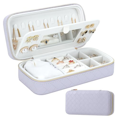 DesignSter Boîte à Bijoux de Voyage, Petite Rangement de Bijoux Portable pour Femmes, Boîte à Bijoux en PU Tissé Gaufré avec Miroir pour Boucles d'Oreilles Bagues Chaînes, Violet