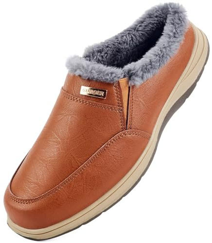 GURGER Zapatillas de Estar por Casa de Hombre Invierno de Cuero Forro Peluche Cálido Zuecos y Mules Cómodas Antideslizantes Piel Pantuflas para Interior y Exterior, Marrón rojizo 44