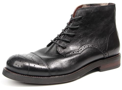 WinDhana Men's Combat Boots Top-Grain Leather Burnishing 5-Eye Lace-up Ankle Boots | Cap-Toe Semi-Brogues Design for Business & Casual 8826-5 Black US 6.5