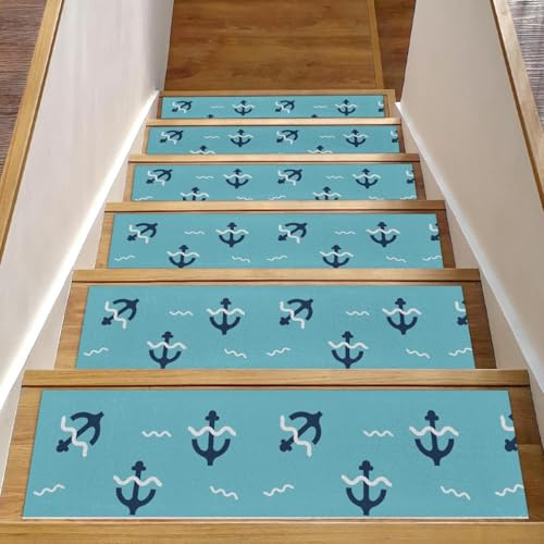 RODAILYCAY Alfombra para peldaños de escalera, diseño de ancla azul, 15 piezas, 8 x 30 pulgadas, antideslizante, de seguridad, para interiores, para niños, ancianos y mascotas
