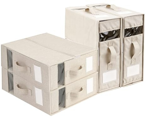 4 Pcs Boîte Rangement Drap de Lit avec Fenêtres & Poignées, Organisateur de Draps Pliable, Organiseur Placard Vêtement en Linge, Sacs de Rangement pour Lit, Housse de Couette, Draps, Vêtements (Beige)