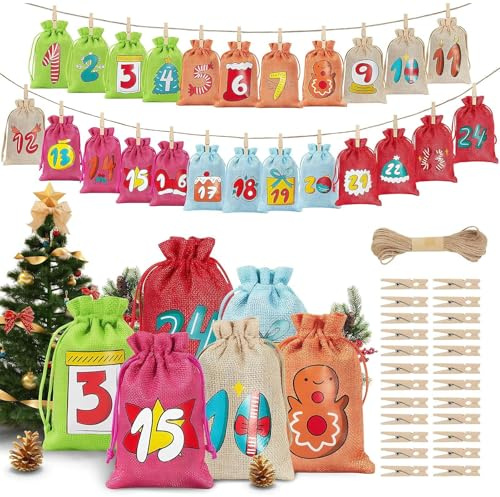 Adventskalenderväskor, 24 dagar återanvändbar jul adventskalender, hängande tyg godisväska kalender | För chokladgodis smycken leksaker mellanmål familj vänner