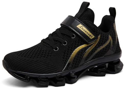 LAZAZAFI Barn, sneakers, pojkar, flickor, utomhus, sportskor, lätta, ventilerande löparskor, kardborreband, sneakers, inomhusskor, svart guld, 37 EU