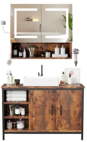 ELUCHANG Badmöbel Set 2,Waschbeckenunterschrank und Spiegelschrank Bad mit Beleuchtung,Verstellbare Ablage Badezimmerschrank Badezimmer,Oak+Weiß