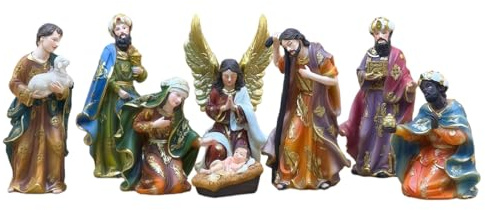 Christmas Nativity Scene Set, 8-Piece Hand-Painted Resin Figurines | 8-Piece Nativity Set, Hand-Painted Resin, Multicolour Finish, Up to 11 cm High, Holy Family, Angel, Wise Men and Shepherd