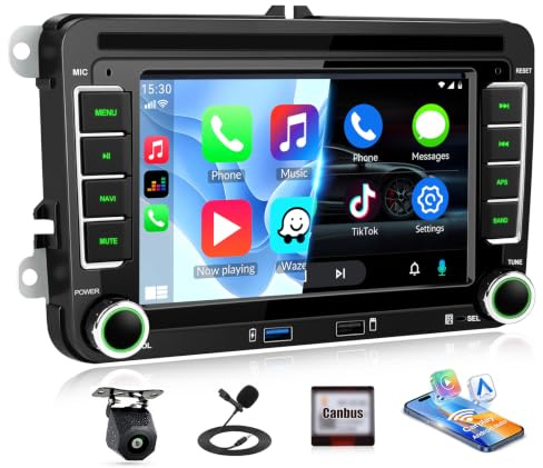 SIXWIN Autoradio für VW Golf 5 Golf 6 Skoda Passat Seat Tiguan Touran, 7'' IPS HD Touchscreen Radio mit Drahtloses Carplay Android Auto Vi-Link Bluetooth FM EQ USB Lenkradsteuerung Rückfahrkamera