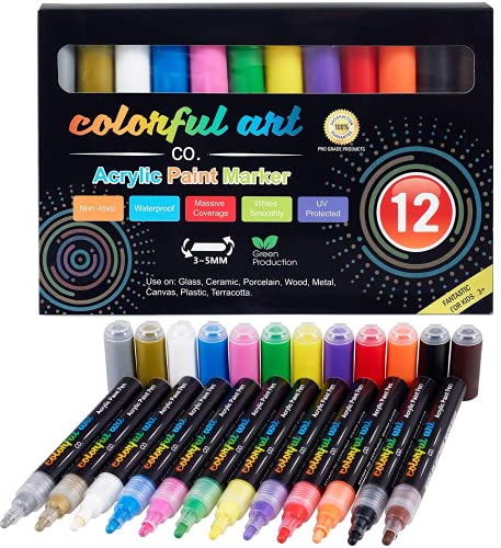 Colorful Art Co. Stylos feutres couleurs acrylique Premium, Feutres peinture sur pierres, galets, verre, céramique, porcelaine. Feutres permanents couleur, pointe de 3 à 5mm ronde & biseautée