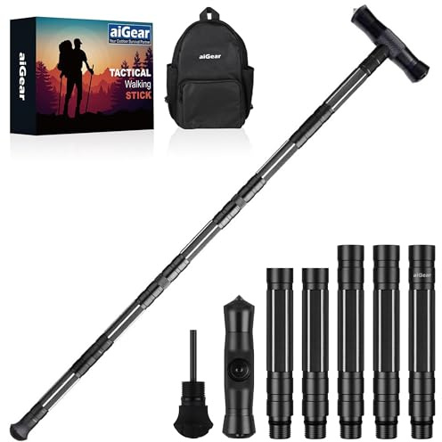 aiGear G2 Tactical Hiking Stick, 5-Section Heavy Duty Walking Staff for Men Women, Aerospace-Grade Aluminum Alloy Trekking Poles with Integrated Survival Kit for Camping Wading Outdoor Gear