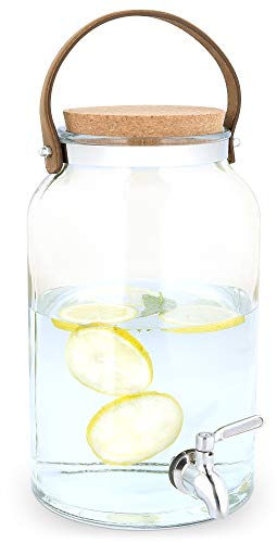 Navaris Getränkespender 5,6 Liter aus Glas - mit Zapfhahn aus Edelstahl und Kork Deckel - Wasserspender Glasbehälter für kalte Getränke