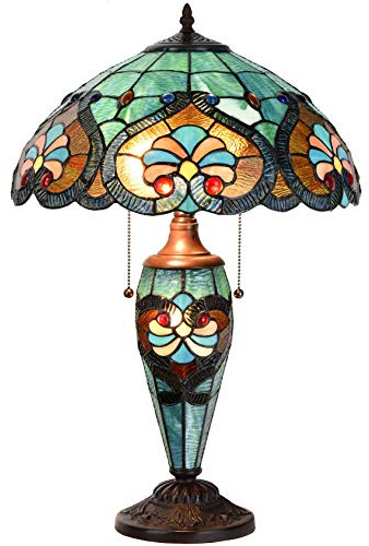 Bieye L10801 Baroque Tiffany Style Stained Glass Table Lamp, Lighted Base 24 inches Tall, Blue
