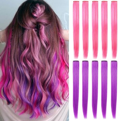LSKJMO 10 PCS 20 Zoll Rosa Lila Haar Extensions Bunte Party Highlights Clip in Multicolors Gerade Synthetische Haarteile für Frauen Perücke Stücke (Rosa,Lila)