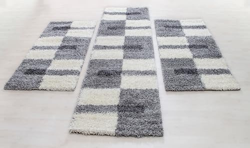 Carpettex Bettumrandung Schlafzimmer 3teilig Shaggy Teppich Hochflor Kariert Design Hellgrau Bettset:2 mal 60x110 + 1 mal 80x250 - Bettvorleger Schlafzimmer Läufer Set Flauschig Bettumrandung Teppich