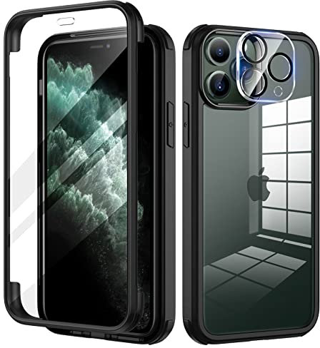 seacosmo for iPhone 11 Pro Max Case 6.5 Inch, Full-Body Shockproof Case with Built-in Glass Screen Protector and Camera Lens Protector Rubber Bumper Case Cover for iPhone 11 Pro Max- Black/Clear