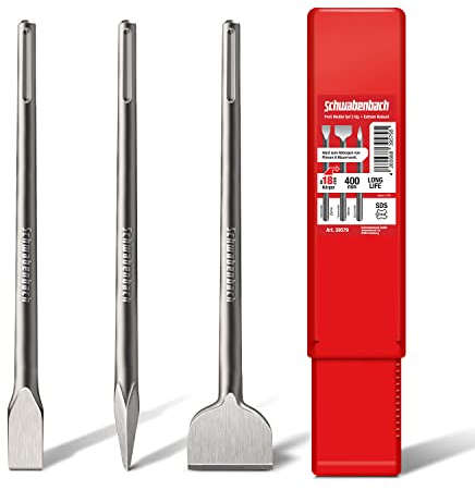 SCHWABENBACH ® SDS Max Meißel Set - 3tlg. 25mm + 50mm + Spitzmeißel - EXTREM ROBUST- Meissel kompatibel mit Bosch Hilti Bohrhammer - Premium Spatmeissel Set (kein SDS PLUS)