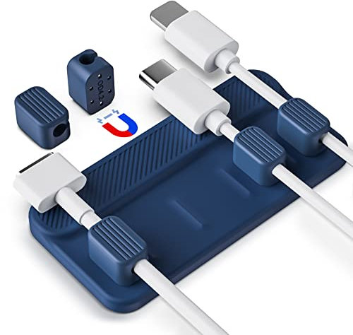 Sikai Magnetic Cable Management Silicone Cable Holder, Desk Charging Cable Tidy,5 Clips for Lightning Cable, USB-C Cable, Micro Cable, Sticks to Wood, Marble, Metal and Glass (Blue)
