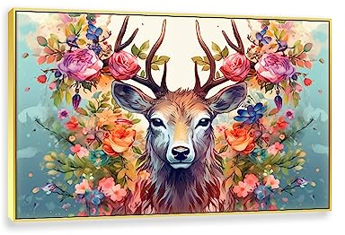 NOLLAM Hirsch Bild Auf Leinwand-Tier Leinwand Gemälde Wandkunst Poster Und drucke-Bunt Hirsch in Blumen Leinwandbilder XXL-Abstrakte Graffiti Kunstdrucke für Wohnzimmer70x105cm28 x41 Goldrahmen