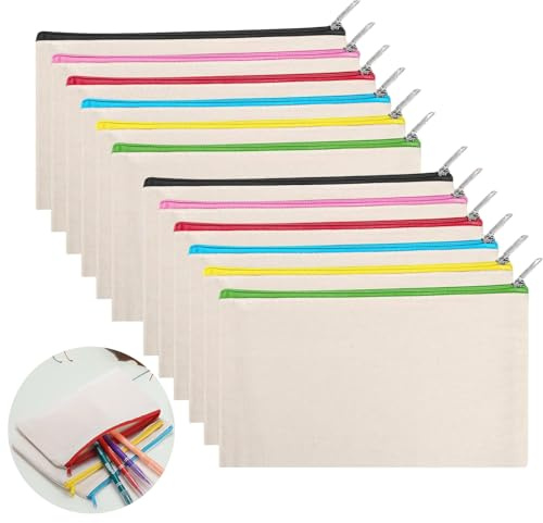 SIMEIXI DIY Blanko Stoffbeutel,12 Stücke Federmäppchen zum Bemalen,Stoffbeutel zum Bemalen,Segeltuch Kosmetiktasche, Schulmäppchen für Arbeit Schule Reisen, 21 x 12 cm