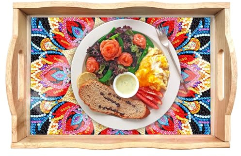 Bandejas De Madera para Pintura 5D|Bandejas para Servir con Pintura De Diamantes Artísticos con Asa|Bandeja Ligera para Servir con Decoración Artesanal para Desayuno,Bar,Mesa Y Reuniones Familiares