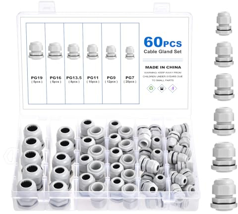 eROOSY 60 Pcs Cable Glands Waterproof PG7 PG9 PG11 PG13.5 PG16 PG19 Adjustable Cable Glands, Nylon Cable Glands for Cables with a Diameter of 3-15mm, Waterproof Nylon Cable Glands, White
