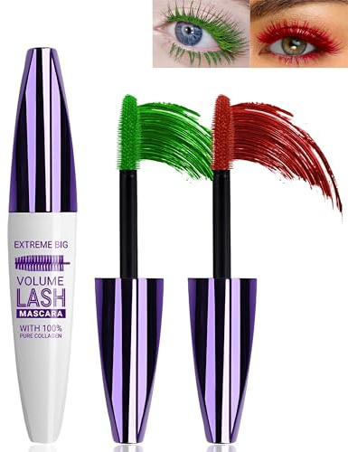 5D Telescopic Mascara Wasserfest Grün Rot, für Voluminöse und Lange Wimpern | 2Pcs Green Red Wimperntusche, Lashes Extensions Tubing Mascara, Langanhaltend Curling & Wischfest, Cosplay Party Eye Makeup