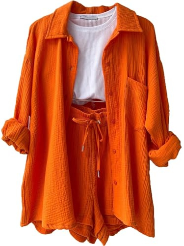 Generic Sexy Outfit Damen Musselin Y2k Zweiteiler Jogginganzug Outdoor Kleidung Yoga Hausanzug Sommer Bekleidung (1-Saffron, M)