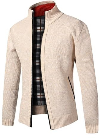 Homme Automne-Hiver Slim-Fit Confortable-Casual Cardigans-Veste - Ouvrez-Front Zippé Couleurs Unie Gilet Léger Chandail Traditionnelle Tricoté Chaud pour Homme avec Poche et Col Droit Beige L