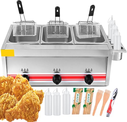 Friteuse À Gaz Professionnelle, Friteuse Commerciale En Acier Inoxydable Avec Panier À Friture Et Couvercle Amovibles, Livrée Avec Support À Condiments Et Bouteilles De Sauce