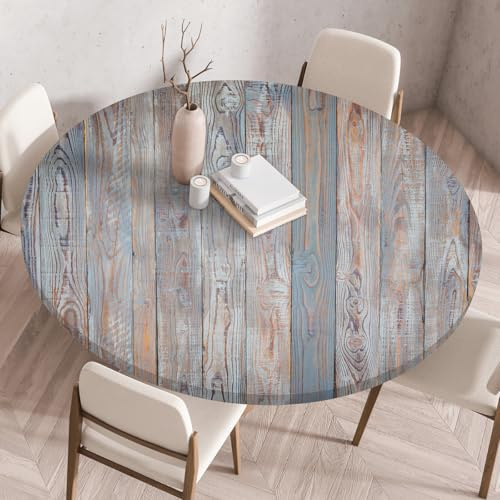 Odot Tischdecke Abwaschbar Rund 60cm, Elastisch Lotuseffekt Tischdecke Outdoor 3D-Holzmaserung Tischdecken Table Cloth für Garten Restaurant, Ideal für 50cm-55cm