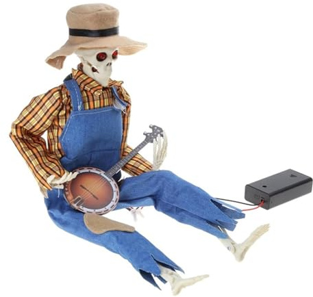Animiertes Skelett als Dekoration, Cowboy-Figur mit animierter Bewegung und Sound - Halloween Totenkopf Deko (Modell A mit Licht, benötigt Zwei AA-Batterien)