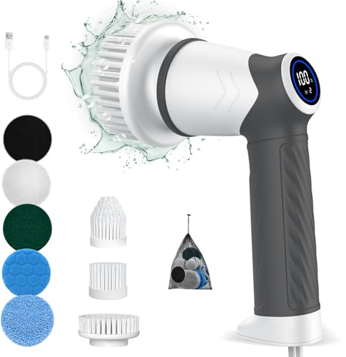 Electric Spin Scrubber cordless,IPX7 Waterproof Electric Cleaning Brush with 7 Replacement Heads, Intelligent 2 Speed Shifting,Electric Scrubber for Bathroom,Kitchen,Tile,Garden,Floor/car (Black)