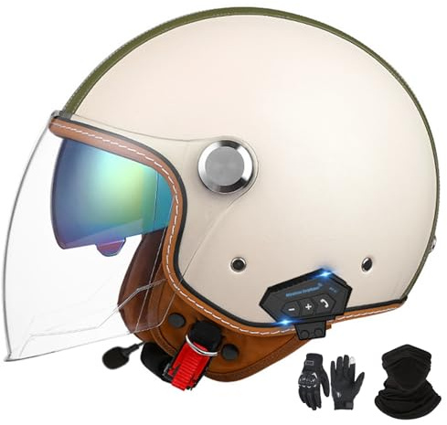 GNIUBBDB Casque Jet Bluetooth Casque Moto Certification ECE Casque Cuir Casque Scooter Casque Jet pour Adultes Hommes Femmes avec Double Pare-Soleil F-1,M (54-57 cm)