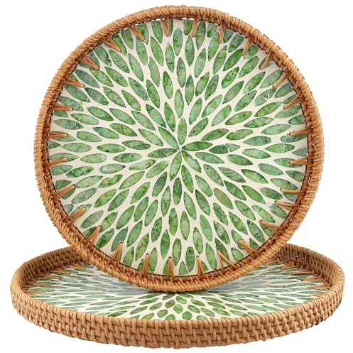 SINJEUN 2 PCS Rattan Serving Tray, Pale Brown Round Rattan Bread Baskets with Inlay, 2 Size Woven Serving Tray for Decorative Storage Fruit Food 30 34cm