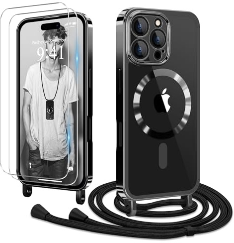 Ethanger für iPhone 16 Pro Max Hülle mit Band + 2 Schutzfolie, Schwarz | Handyband Transparent Silikon Handyhülle, Magnetische Schutzhülle Case zum Umhängen Kordel