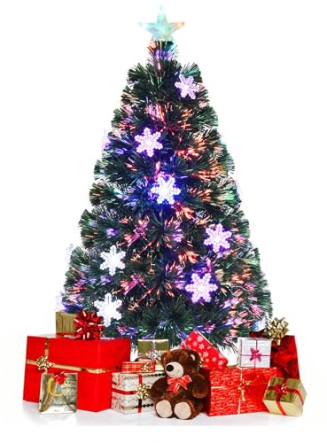KOMFOTTEU Árbol de Navidad Artificial con Luces (120 cm, 18 Copos de Nieve) | Árbol Navideño de PVC con Soporte, Copos de Nieve, para Decoración de Navidad en Casa, Tiendas y Oficina