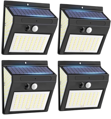JBdusn Lampe Solaire Exterieur Détecteur Mouvement, 【4 Pack】 144LEDs Lumiere Solaire Exterieur, 3 Modes Eclairage Exterieur Solaire Spot LED 270° Angle Fil lampe Mural Applique Exterieur pour Jardin
