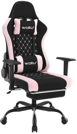 WOLTU Massage Gaming Stuhl, Ergonomischer Bürostuhl Racing Sessel Design, Kopfstütze, Lendenmassage, Fußstütze, Drehstuhl mit Rollen, 150 kg Tragfähigkeit, Netzstoff, Schwarz+Rosa