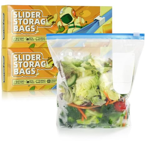 Tuocal 50 Pcs Freezer Bags, Zip Lock Bags Food, Sandwich Bag, Ziplock Bag | Half Gallon / 2.27L, Expandable Bottom, BPA Free, Zip Seal, Reusable, for Fruit, Vegetables, Meat, Snacks Food Storage