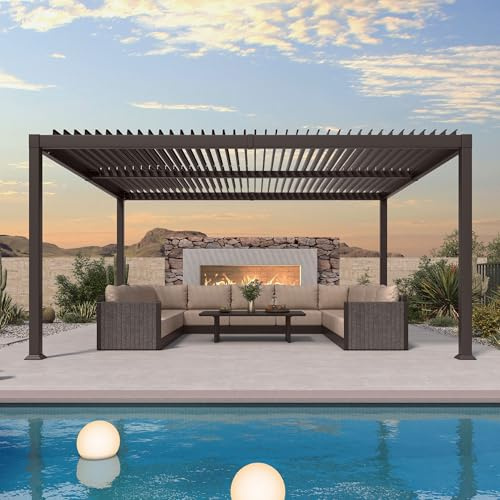PURPLE LEAF 13' x 15' Louvered Pergola Outdoor Adjustable Louvre Shade Modern Patio Aluminum Pergola with Retractable Roof for Deck Backyard Garden Hardtop Gazebo, Bronze