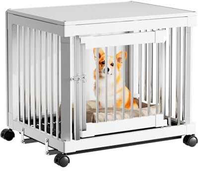 Hundebox mit Tablett, Hundebox aus Holz, Lattenrost für Hunde mit Rädern, multifunktionaler Beistelltisch, verstärkter und verschlüsselter Rahmen, Edelstahlriegel, für überall im Innenbereic