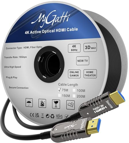 Mygatti Cavo Fibra ottico 4K HDMI 75 metri,cavi HDMI 2.0,4K@60Hz 18Gbps High Speed UHD Fiber Optic,4:4:4 RGB, alloggiamento in lega di zinco, sottile diametro esterno: 4,8 mm