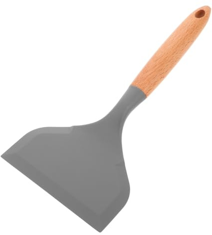 CHICAMPERA Silicone Wok Spatula and Fish Turner Wide Flat Kitchen Spatulas for Non-Stick Cookware Heat Resistant Cooking Utensils for Home Use with Wooden Handle in Light Grey