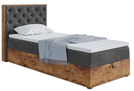 MEBLINI Boxspringbett mit Bettkasten - Gepolstert Einzelbett mit Matratze und Topper - Polsterbett mit Stauraum - Bett mit Kopfteil - Stauraumbett - Lofty 3-90x200 - H4/Schwarz Samt