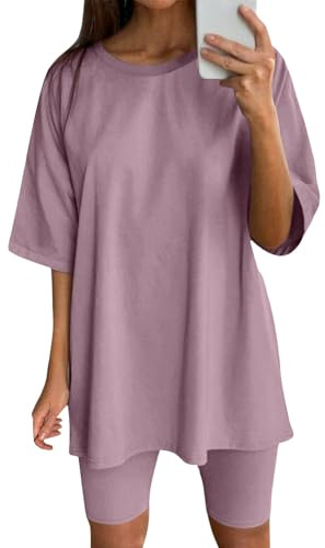 Generisch Sudadera con capucha para mujer, trajes de dos piezas para mujer, tops de manga corta y pantalones cortos, conjuntos de yoga para correr, conjuntos de deportes de yoga, Color lila claro., L