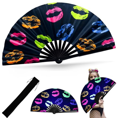UV Leuchtender Handfächer Fächer Schwarz Festival Zubehör für Rave Party, Bunt Lippenmuster Faltfächer, Großer Hand Fan aus Bambus Satin, Tanzfächer Inklusive Tasche