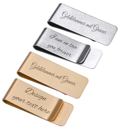 Personalisierter Edelstahl Geldklammer mit Gravur - Hochwertige Herren Geldklammer in Gold/Silber, Geschenkverpackung, Männer (Gravierter Textstil)